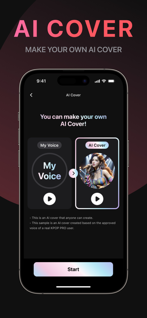 Kpop Pro: Karaoke & Dance - Interface of the Kpop Pro app showing the tool to create custom AI covers using the user voice.