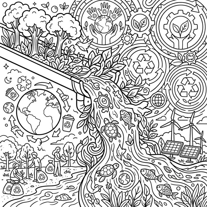 This dynamic coloring page reimagines ordinary gutters as conduits for environmental renewal, teeming with vibrant Earth Day themes and natural elements. It's a complex and engaging scene designed to inspire teens to celebrate and protect our planet through art.