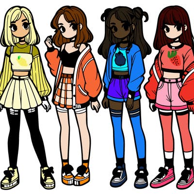 one girl with crop-top shirt and a jacket with a skirt, long socks and another girl with a shirt and pants with a jacket