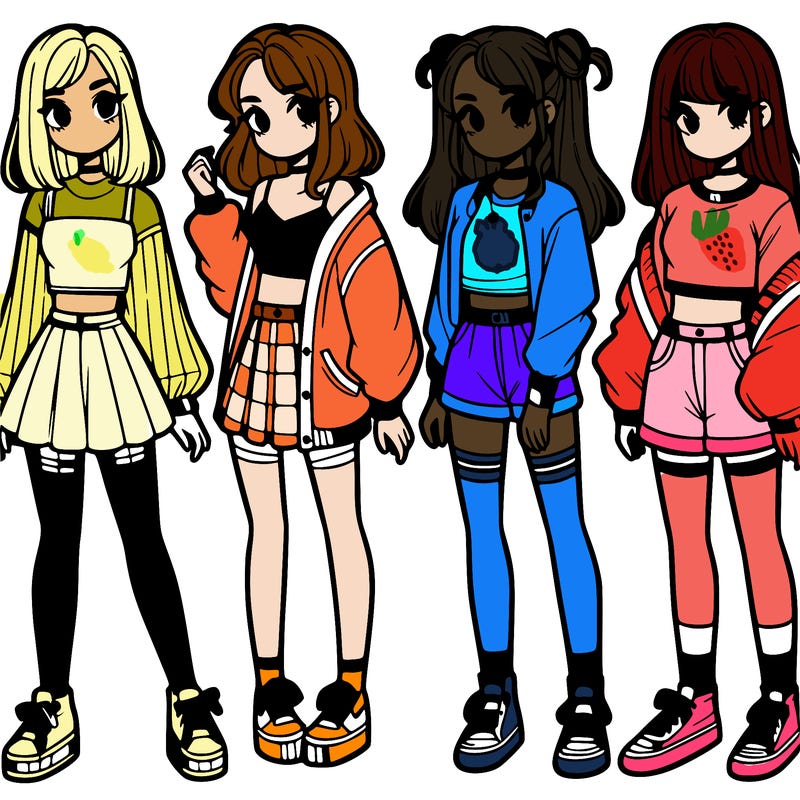 one girl with crop-top shirt and a jacket with a skirt, long socks and another girl with a shirt and pants with a jacket