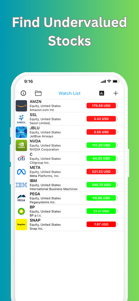 Company 360 - Stock watchlist interface in Company 360 app highlighting undervalued stocks
