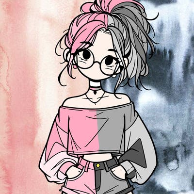 girl with a messy ponytail glasses a baggy crop top and jean shorts