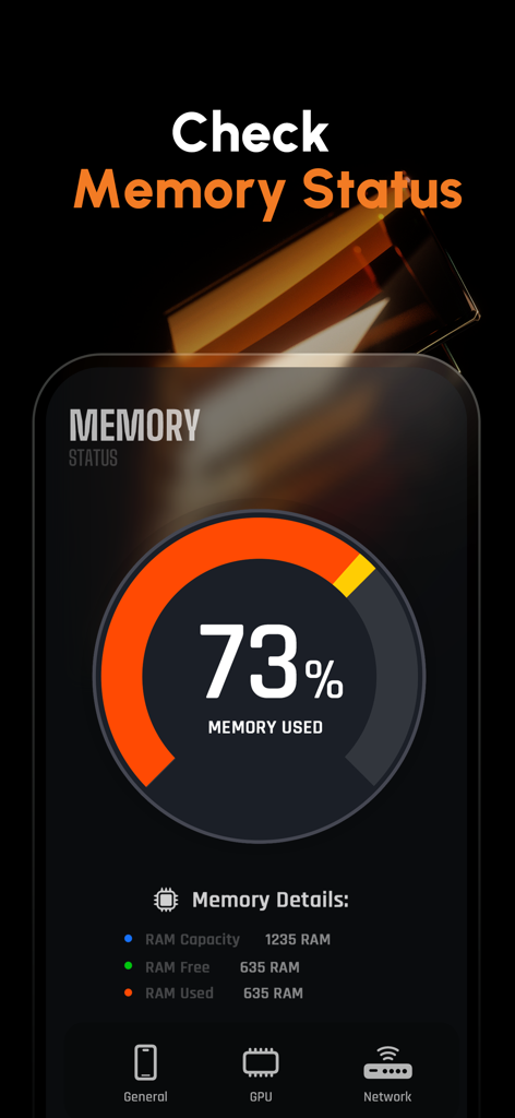Battery Life Health Doctor Pro - A dashboard showing seventy three percent RAM memory used on an iPhone