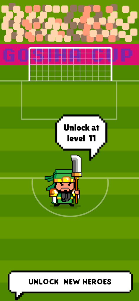 Pixel art soccer game screen showing a warrior hero character to unlock at level 11