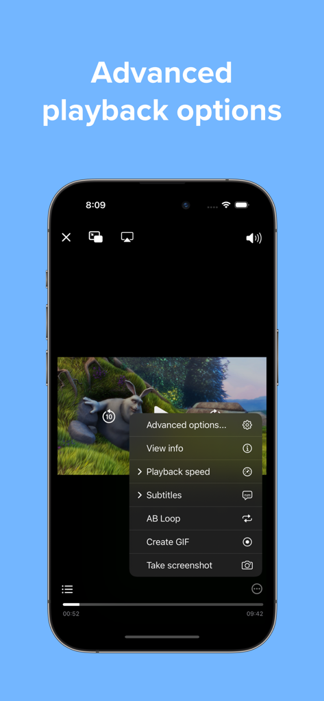 Video Player - PIP and more - Pantalla del iPhone mostrando opciones de reproducción avanzadas, incluida la creación de GIF y el bucle AB en la aplicación Video Player