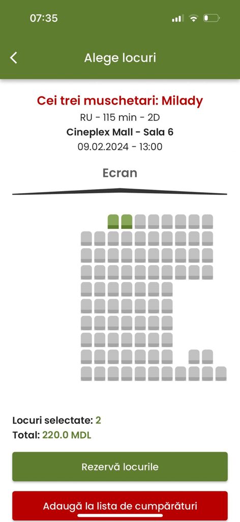 Interface of the Cineplex app showing the movie theater seat selection map for a screening.