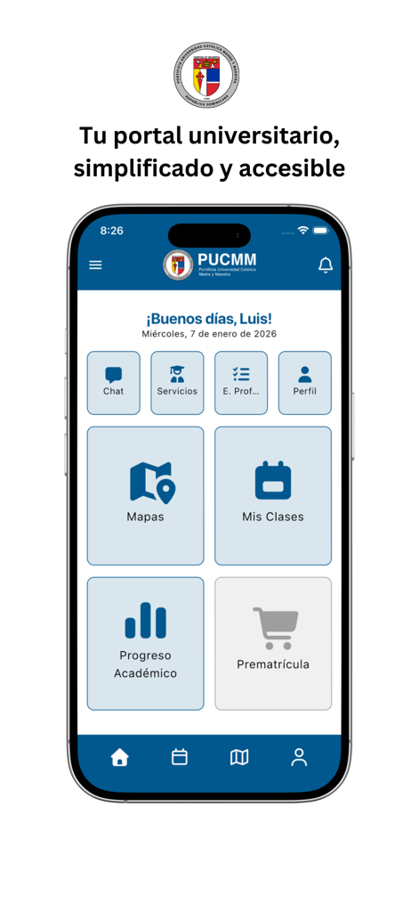 PUCMM - Main dashboard of the PUCMM mobile app featuring shortcuts for campus maps, class schedules, and academic progress