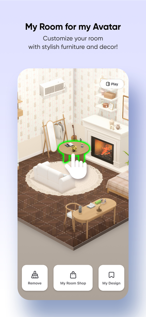 Une interface 3D dans ZEPETO montrant comment personnaliser une pièce d'avatar avec des meubles et de la décoration