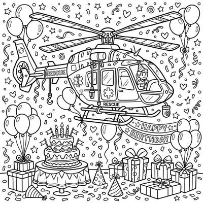 Combine excitement and celebration with our rescue helicopter birthday coloring page! This festive scene features a heroic helicopter amidst gifts, balloons, and cake, perfect for a special day.