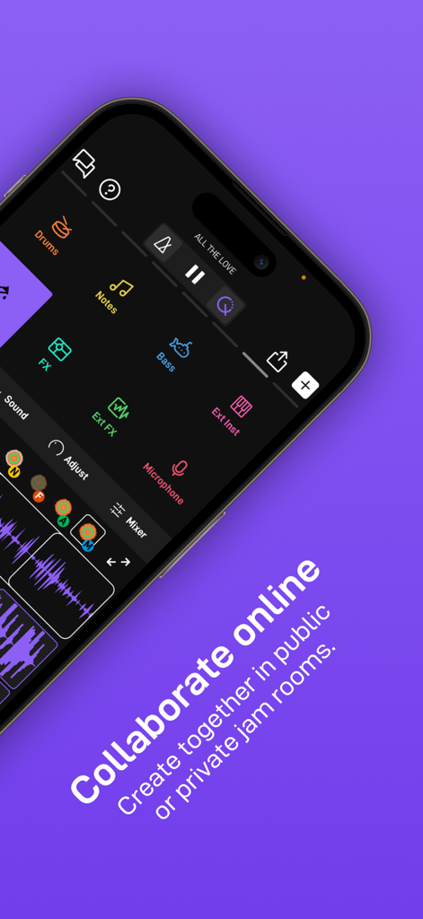 Endlesss - Multiplayer Music - A smartphone screen displaying the Endlesss app interface for collaborative music production with icons for drums notes and bass