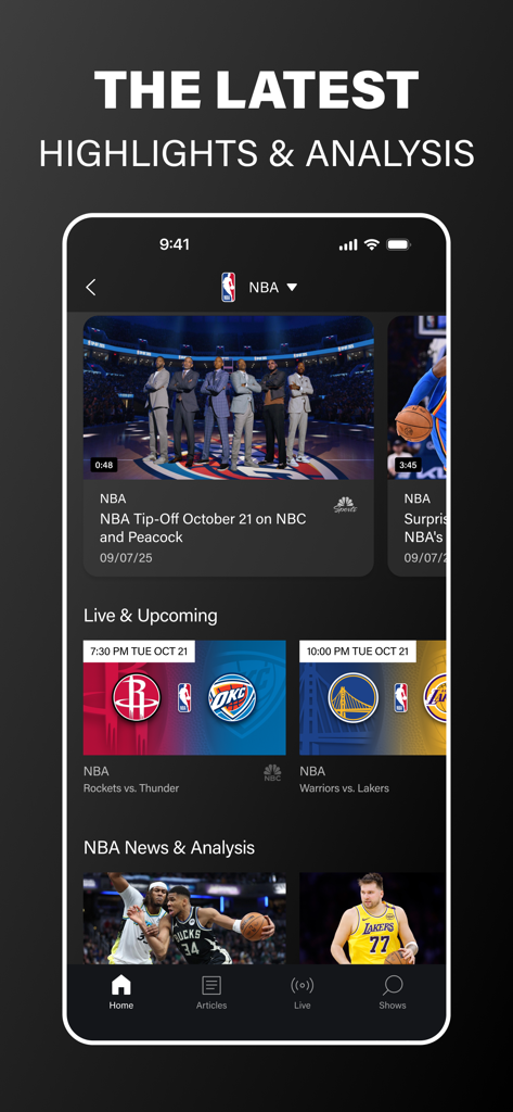 NBC Sports app screen featuring NBA highlights, upcoming live game schedules, and sports news analysis.