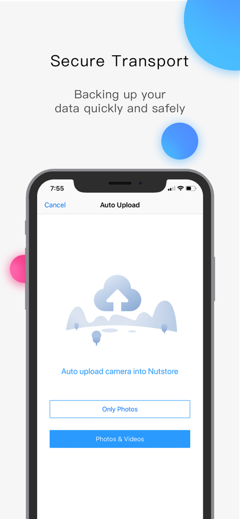 Nutstore mobile app interface showing the auto upload options for photos and videos to cloud storage