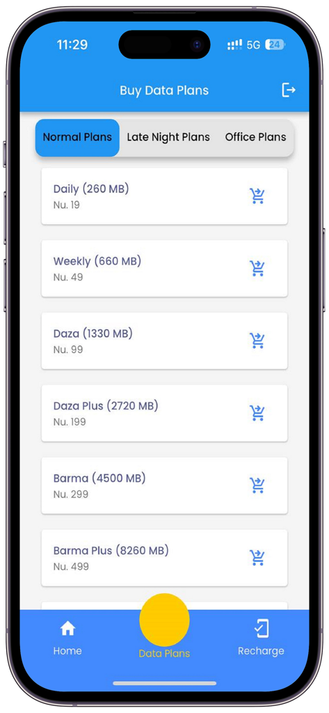 My TashiCell mobile app interface showing various data plan options for purchase