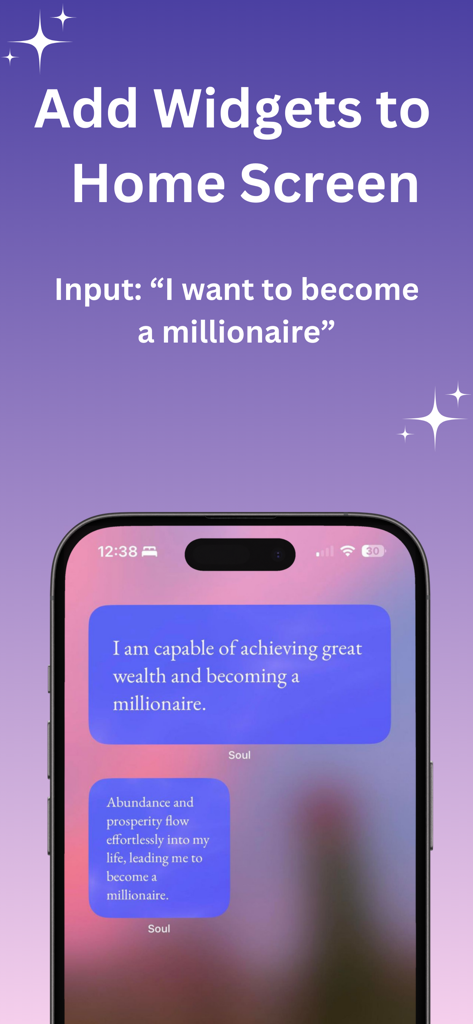 Manifest & Affirmations - Soul - Pantalla de inicio de iPhone que muestra widgets de afirmación personalizados de la aplicación Soul.