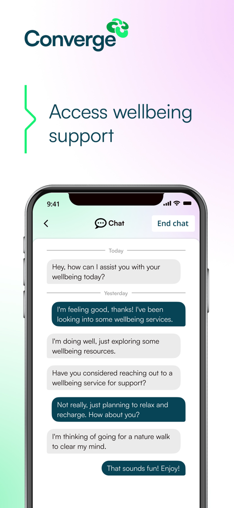 Interfaz de chat en vivo de la aplicación Converge International para acceder al apoyo de bienestar del empleado