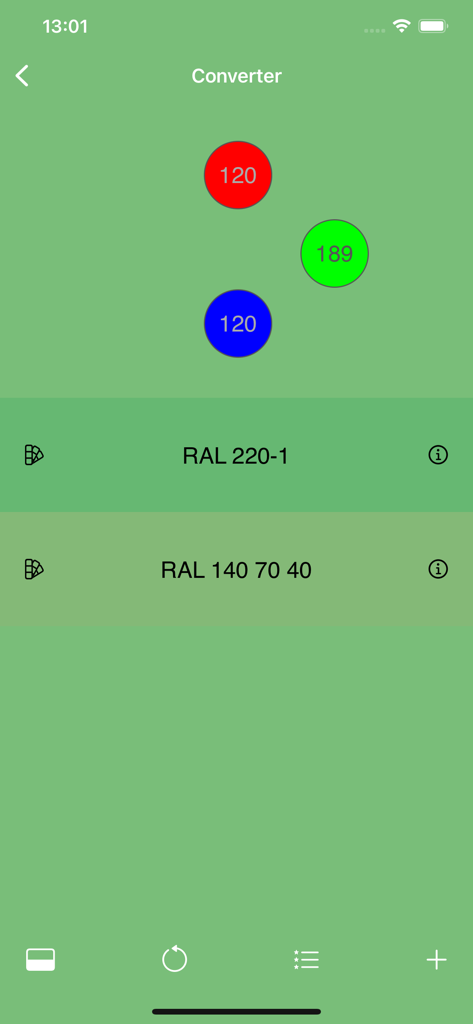 ColorPicker Plus - ColorPicker Plusアプリのインターフェースに、RGBからRALへのカラーコンバーターが表示され、工業用カラーマッチングの値が含まれています。