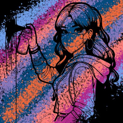 realistic girl with mask spray painting a wall