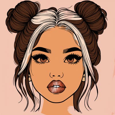 realistic girl with two buns on her hair and lips