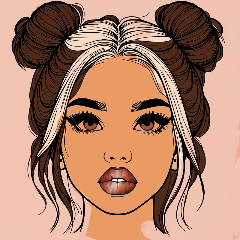 realistic girl with two buns on her hair and lips