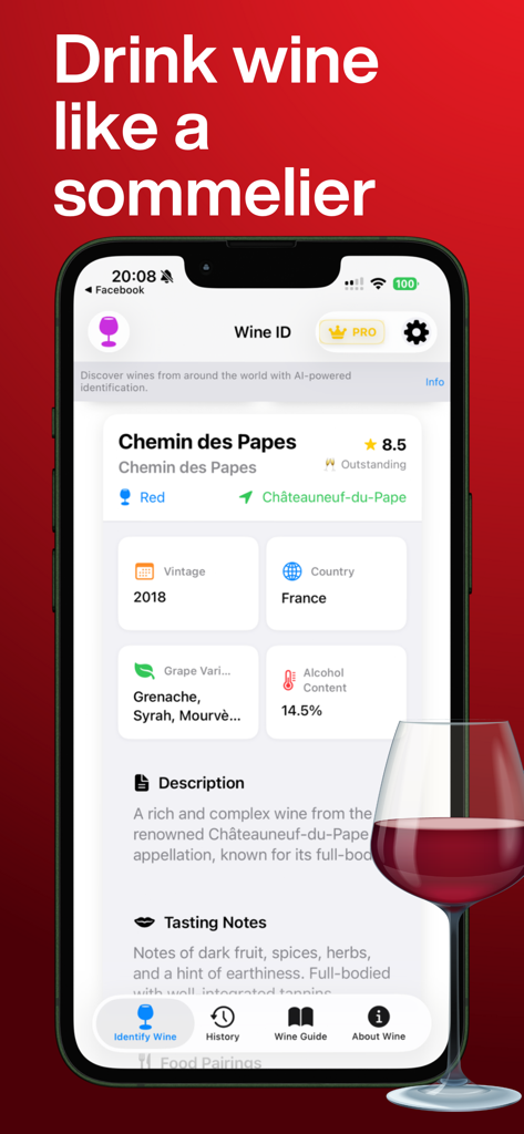 Wine ID app displaying detailed information and tasting notes for a bottle of French red wine.