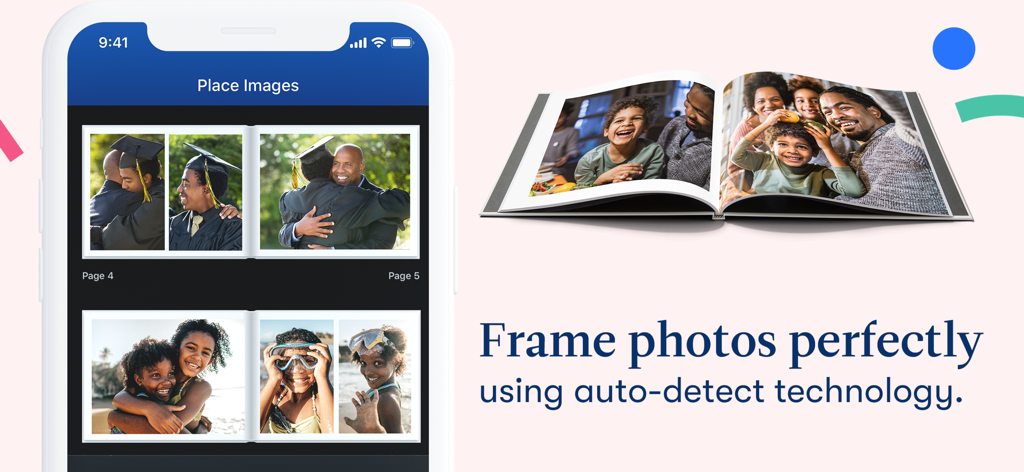 Smartphone showing Motif app interface next to an open printed photo book with family pictures