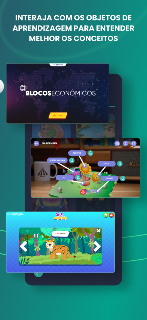 Screenshots of the Bernoulli Play app showing interactive learning features like augmented reality gardening, a world map module, and animal illustrations.