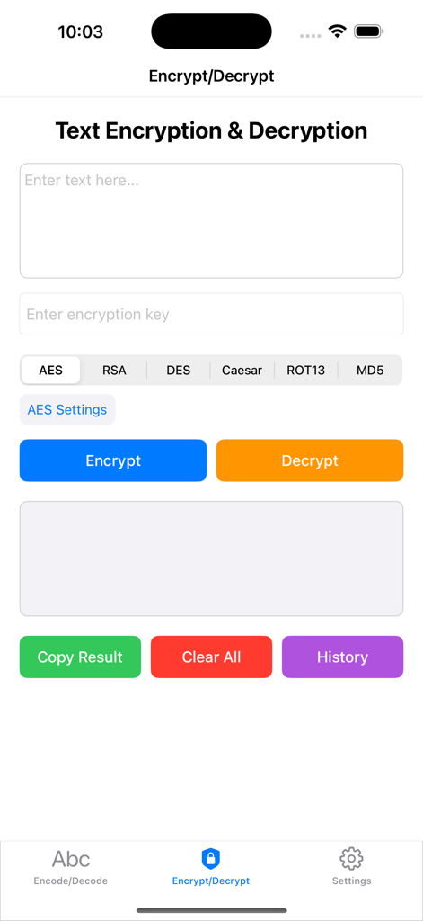 DecTwl - Interface of the DecTwl app showing text encryption and decryption features for AES RSA and other algorithms