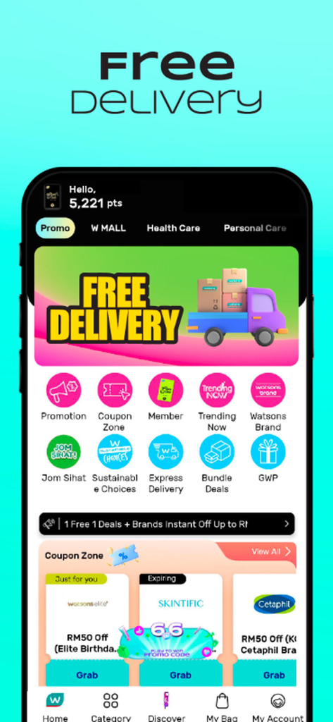 무료 배송 배너와 쇼핑 쿠폰이 특징인 Watsons MY 앱 인터페이스