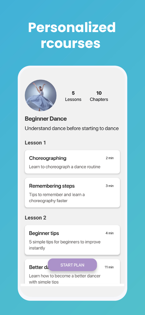 Dance Lessons: Learn to Dance - ダンスレッスンアプリのスクリーンショット。様々なダンスチュートリアルを含む、パーソナライズされた初心者向けコース構成が表示されている。