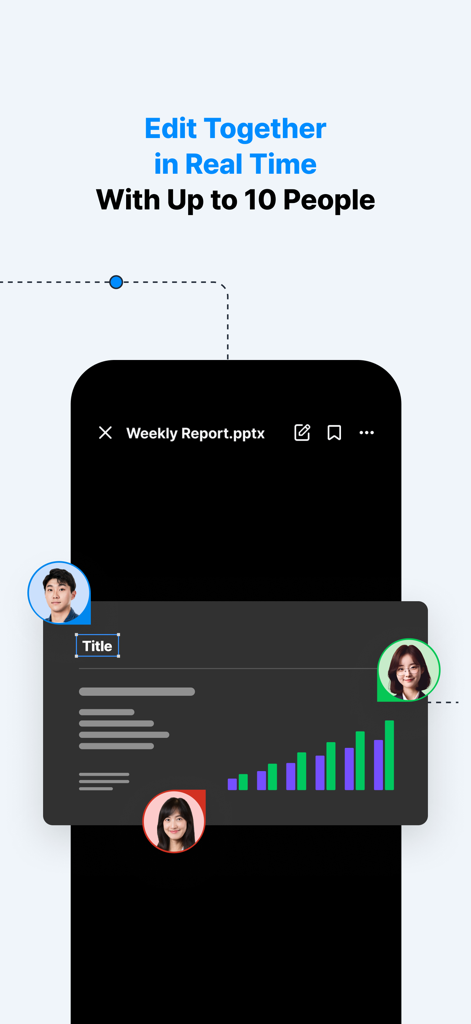 Interface móvel do LINE WORKS Drive mostrando edição de documentos em tempo real por vários membros da equipe.