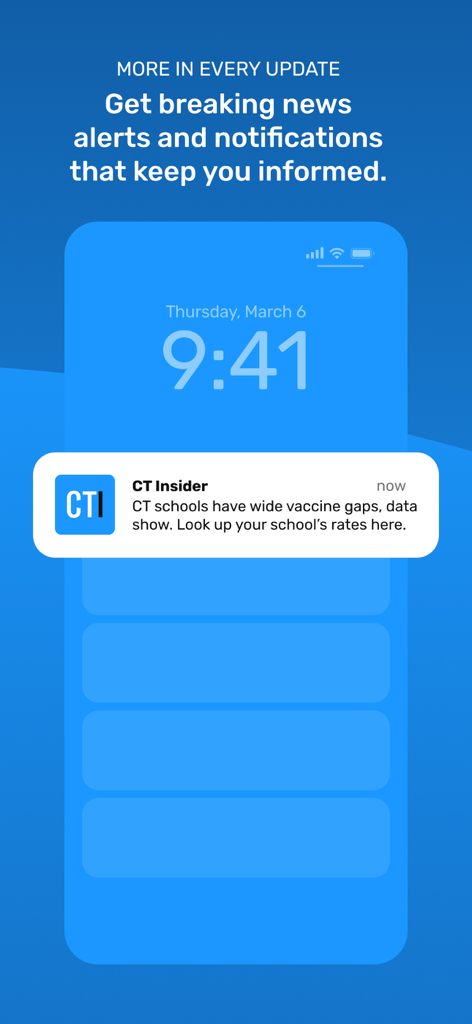 CT Insider - 코네티컷 학교에 대한 CT Insider 긴급 뉴스 알림을 보여주는 스마트폰 잠금 화면.