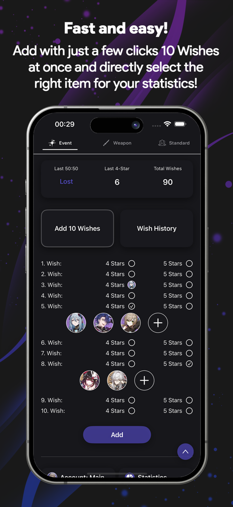HSR WishCounter - HSR WishCounter app interface showing the feature to add ten wishes at once to track game statistics.