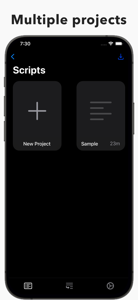 Interface of the Sequence G-Code editor showing the projects management screen with a new project button and a sample script.