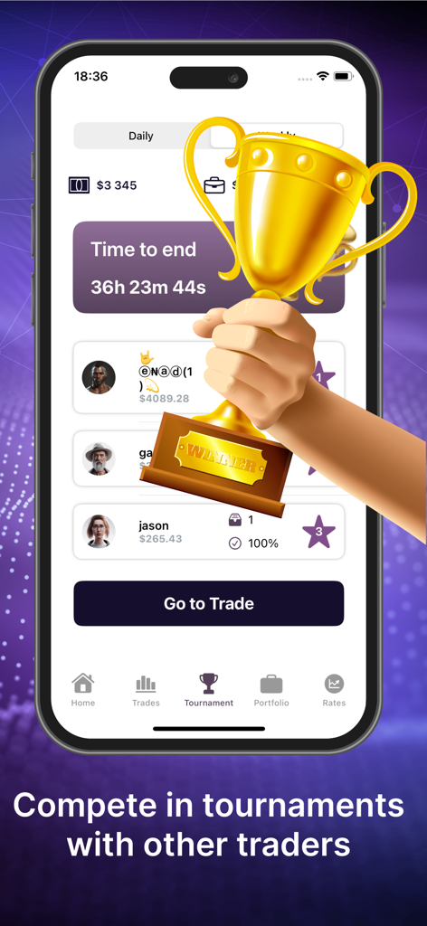 Crypto Capital - Pantalla de la aplicación Crypto Capital mostrando una tabla de clasificación de torneos de trading y un trofeo de ganador.