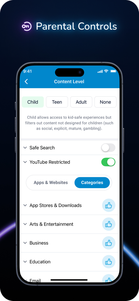 NETGEAR Orbi app parental controls screen showing content level settings and category filters for a child profile