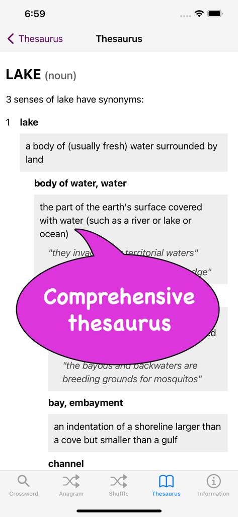 Comprehensive thesaurus screen in the Crossword and Anagram Solver app showing definitions for the word Lake