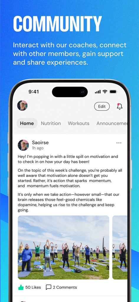 A screenshot of the Glean app community feed showing a user post with an outdoor group exercise photo and motivational message.
