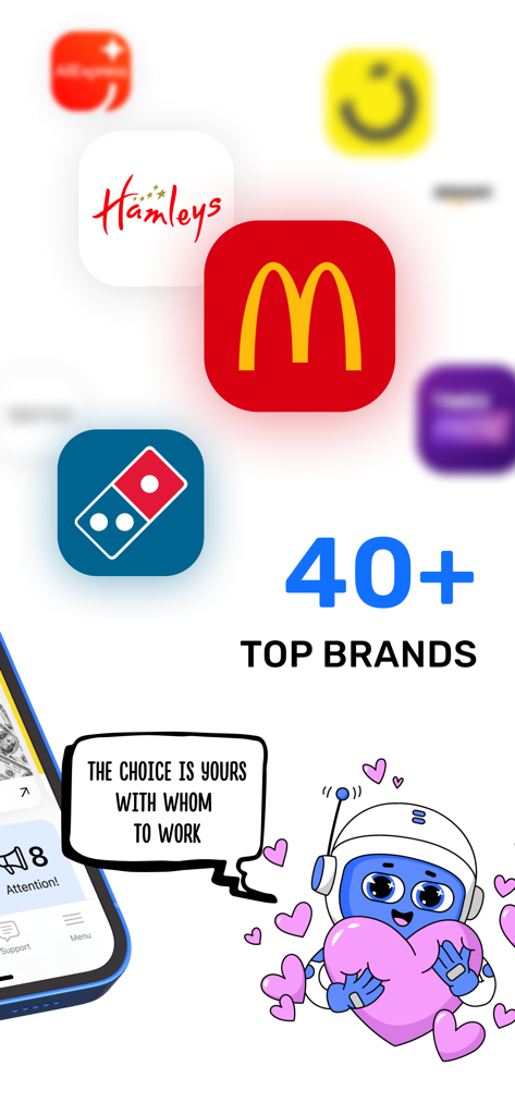 A promotional screen for the DRIM app showing logos of famous brands like McDonald's and Domino's with text stating there are over 40 top brands to work with.