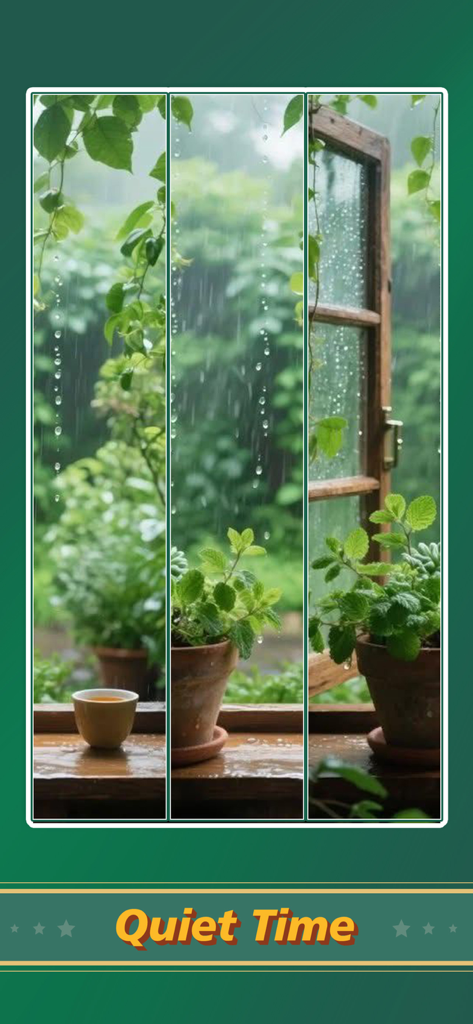 Jigsaw Puzzle Art: Relax Book - A cozy jigsaw puzzle of a rainy day window with plants and tea under the text Quiet Time.