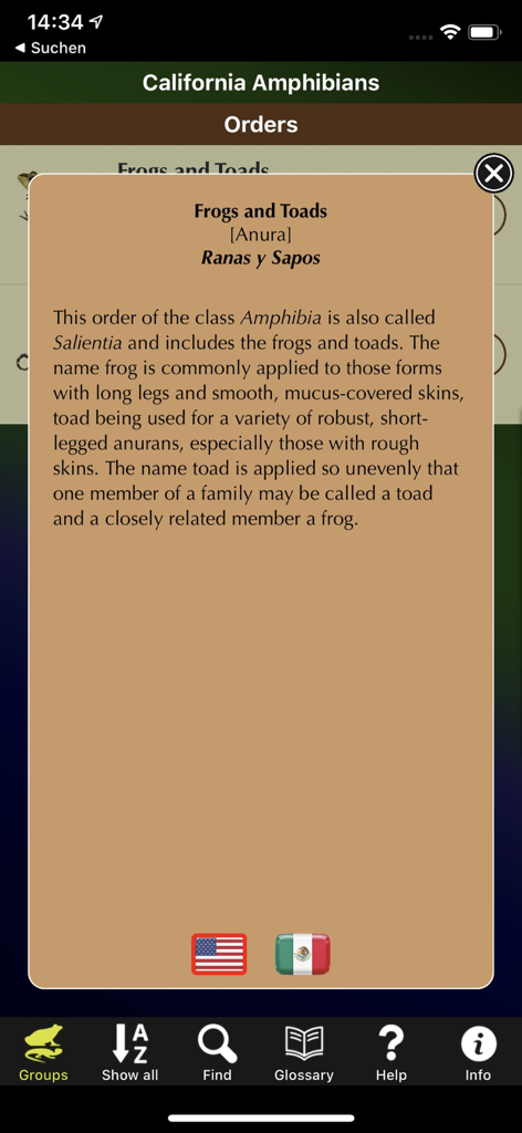 California Amphibians - Educational description screen of the Frogs and Toads order within the California Amphibians app