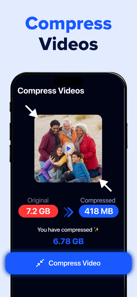 Cleaner AI app screen demonstrating video compression from 7.2GB to 418MB to save storage space