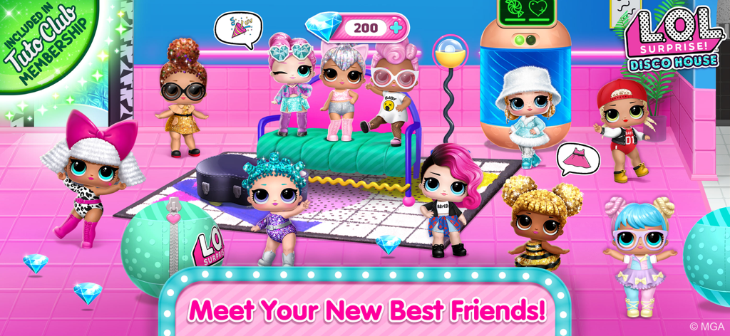 A group of colorful L.O.L. Surprise dolls gathered in a decorated room with a meet your new best friends banner