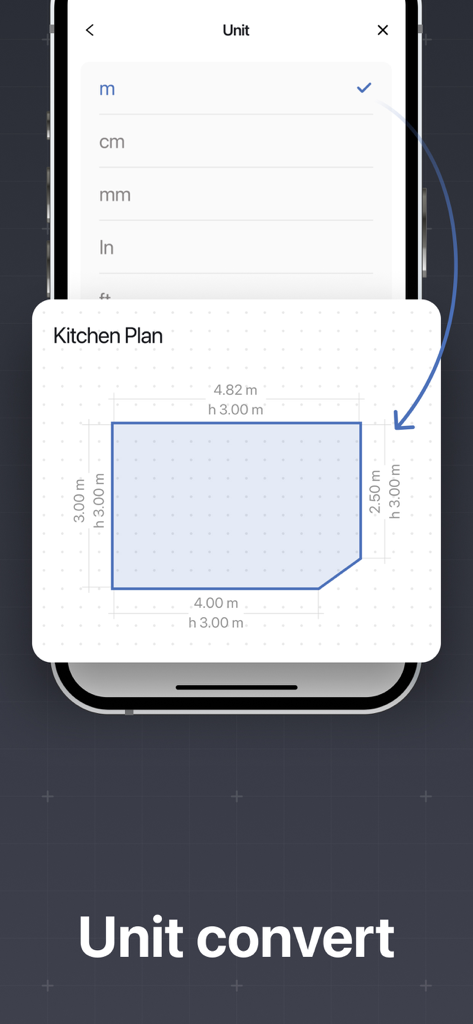 App-Bildschirm, der die Auswahl der Maßeinheit und einen Grundriss einer Küche zeigt