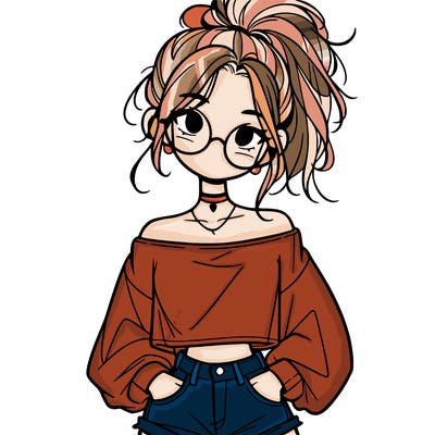 girl with a messy ponytail glasses a baggy crop top and jean shorts