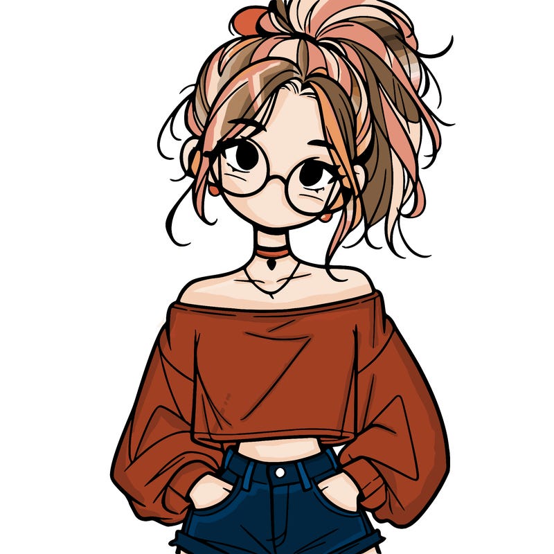 girl with a messy ponytail glasses a baggy crop top and jean shorts