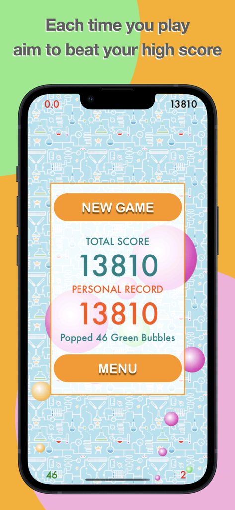 Fizz - Fizz mobile game score screen showing a personal record of thirteen thousand eight hundred and ten and buttons for new game and menu.