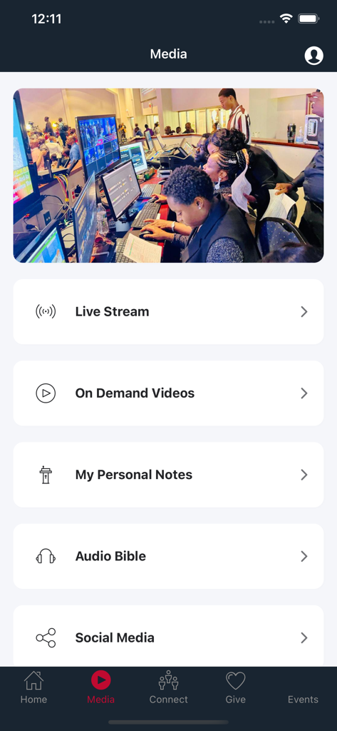 Winners Chapel Minnesota - Media section of Winners Chapel Minnesota app featuring live stream and on-demand video options.