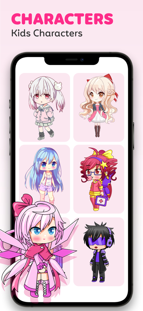 Lala Kids: Create Life Story - Screenshot of the Lala Kids app showing a variety of cute anime-style characters available for video storytelling.