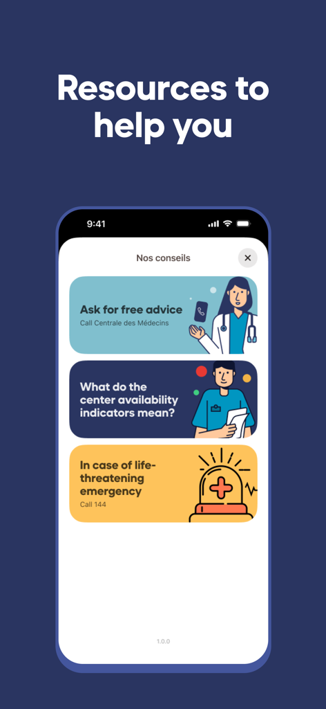 Medigo Emergencies - Medigo Emergencies app screen showing options for medical advice and emergency assistance