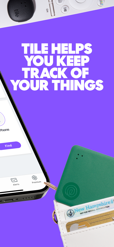Tile app interface on a smartphone screen showing item tracking next to a tracker in a wallet